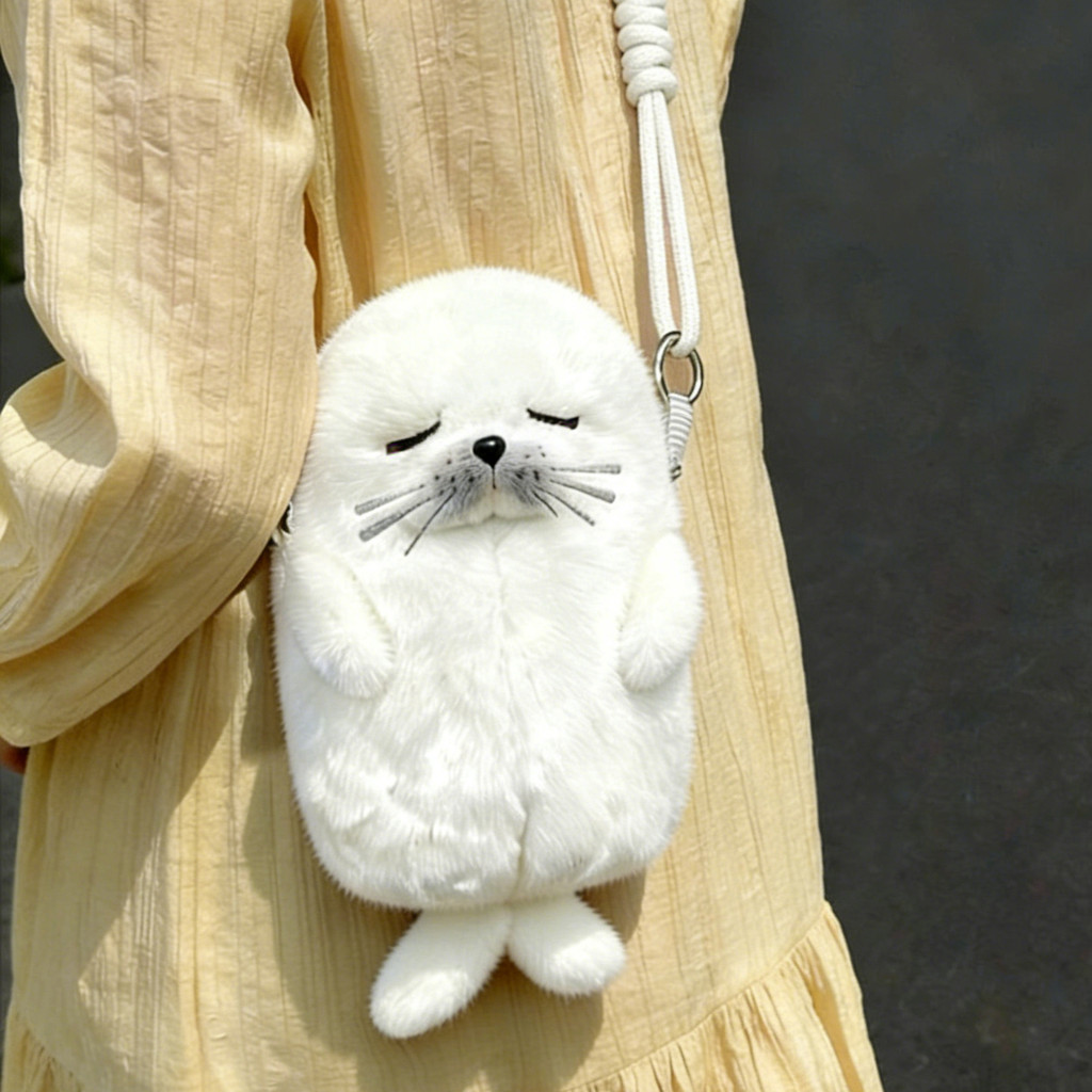 New cute cartoon plush seal doll crossbody bag, girls' chain shoulder bag, plush doll bag