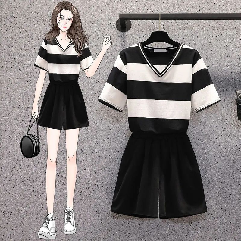 M-3XL Plus Size Suit Casual Suit Plus Size Nữ Mùa Hè Phù Hợp Với Áo Thun Nữ Tay Ngắn Quần Short Nữ E