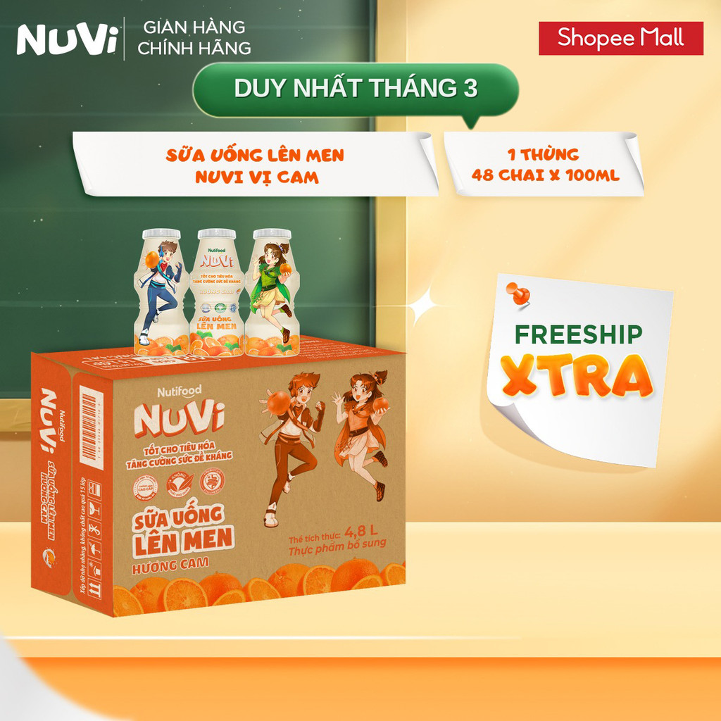 Thùng 48 Chai Sữa Uống Lên Men NuVi Có Đường/Dâu/Cam 100ml