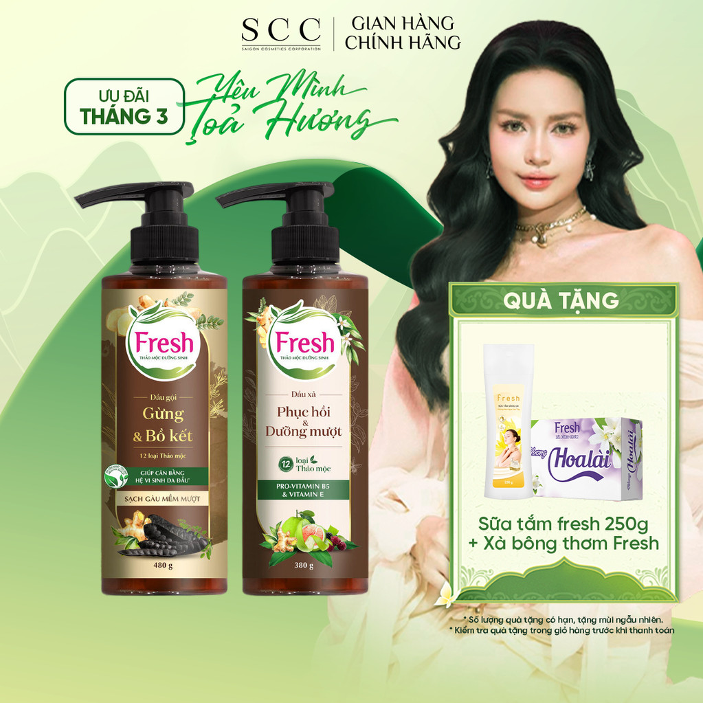 Combo Dầu Gội + Dầu Xả FRESH Thảo Mộc Dưỡng Sinh Sạch Gàu Mềm Mượt 480g + Phục Hồi Và Dưỡng Mượt 380