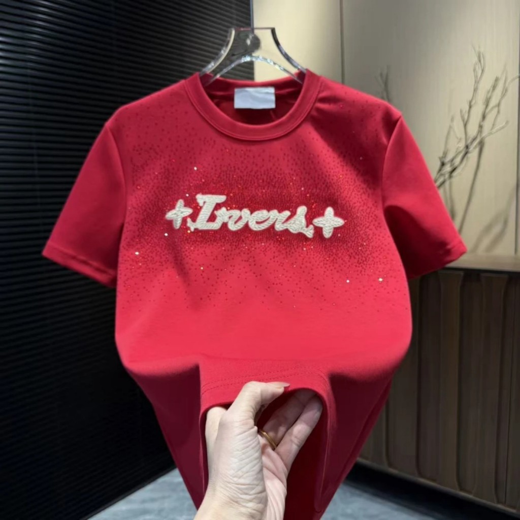 2026 Rhinestone Short Sleeve Men's T-shirt Starry Crew Neck Casual Bottoming Shirt Birth Year Red Me