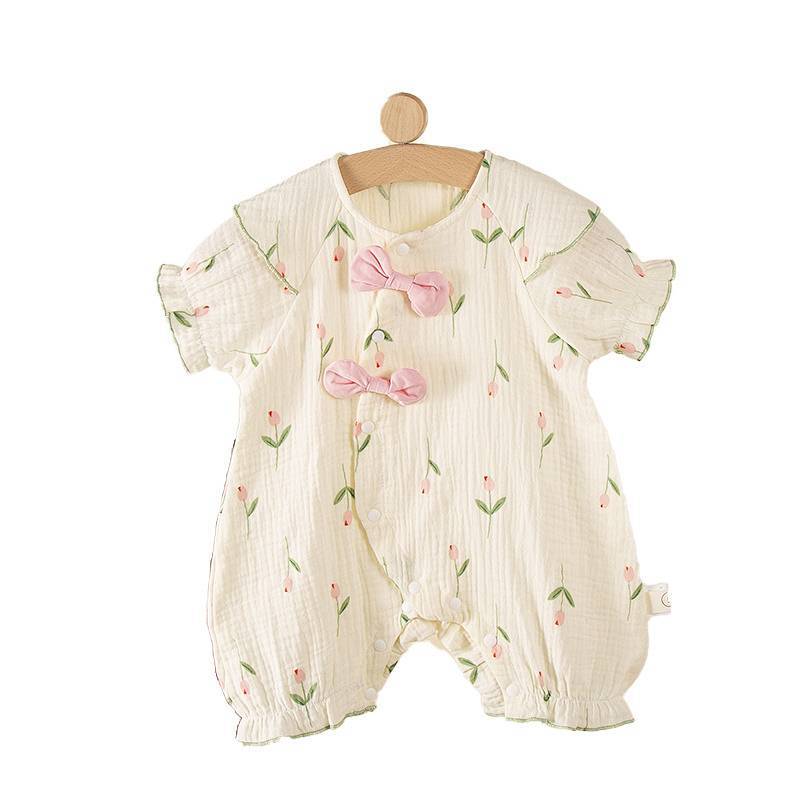 Baby Girl Summer Gauze Clothes Newborn Baby Cute Pastoral Style Bow Jumpsuit GAvX