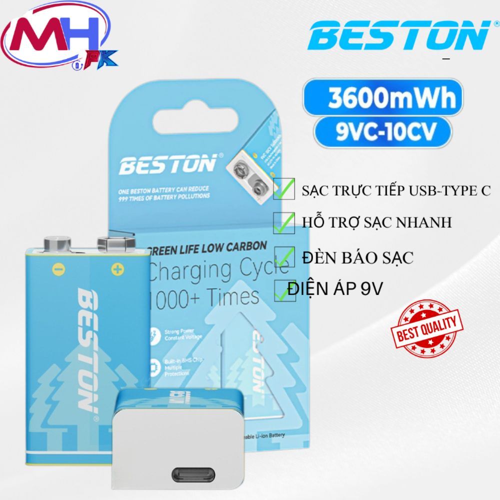 Pin sạc 9V BESTON 3600mWh, USB 9V, 9VC-10CV, pin 9V tái sử dụng chất lượng cao, sạc lại nhiều lần.