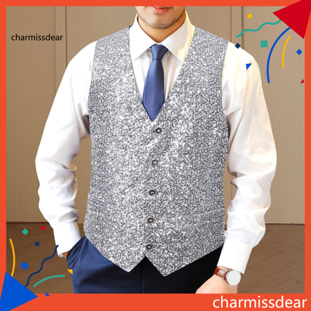 Áo vest nam màu trơn sáng bóng kim sa lấp lánh, cổ chữ V không tay, phù hợp cả tiệc tùng vàwear ever