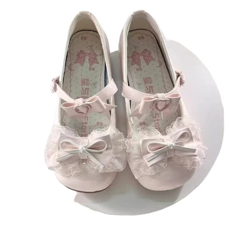 lolita lolita giày Chính Hãng lolita Giày Ren Nơ Ba Lê Ngón Tròn Thấp Gót Lolita Giày Da Nhỏ JK Hồng