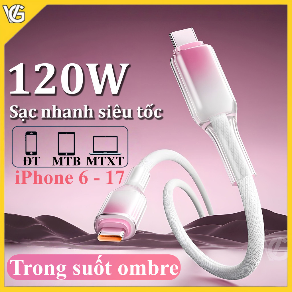 Cáp sạc nhanh 120W dây pha lê Type-C – cho iPhone 17 Air 16 15 14 13 12 11 Pro…