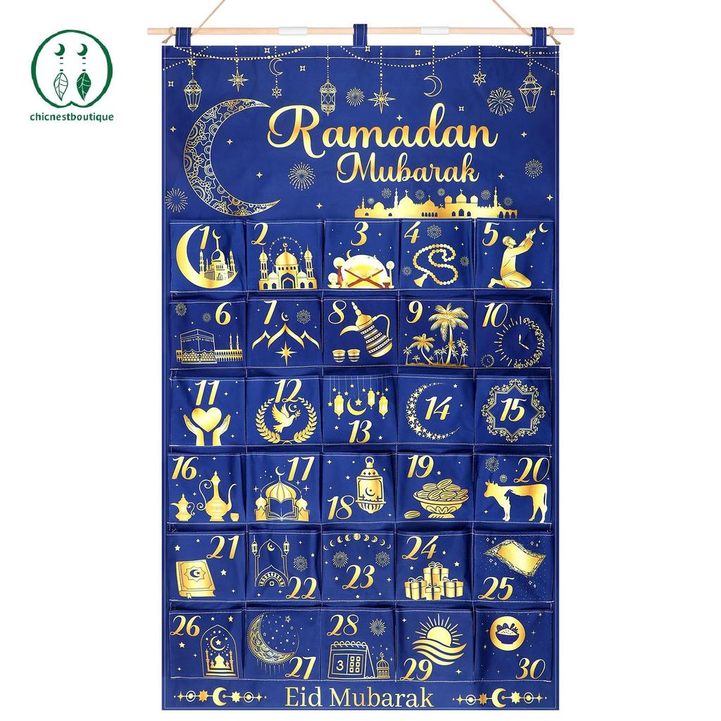 [Chicnest] Lịch đếm ngược bằng vải Ramadan 2026 Eid Mubarak Advent Lịch treo 30 ngày Bí ẩn Eid Ramad