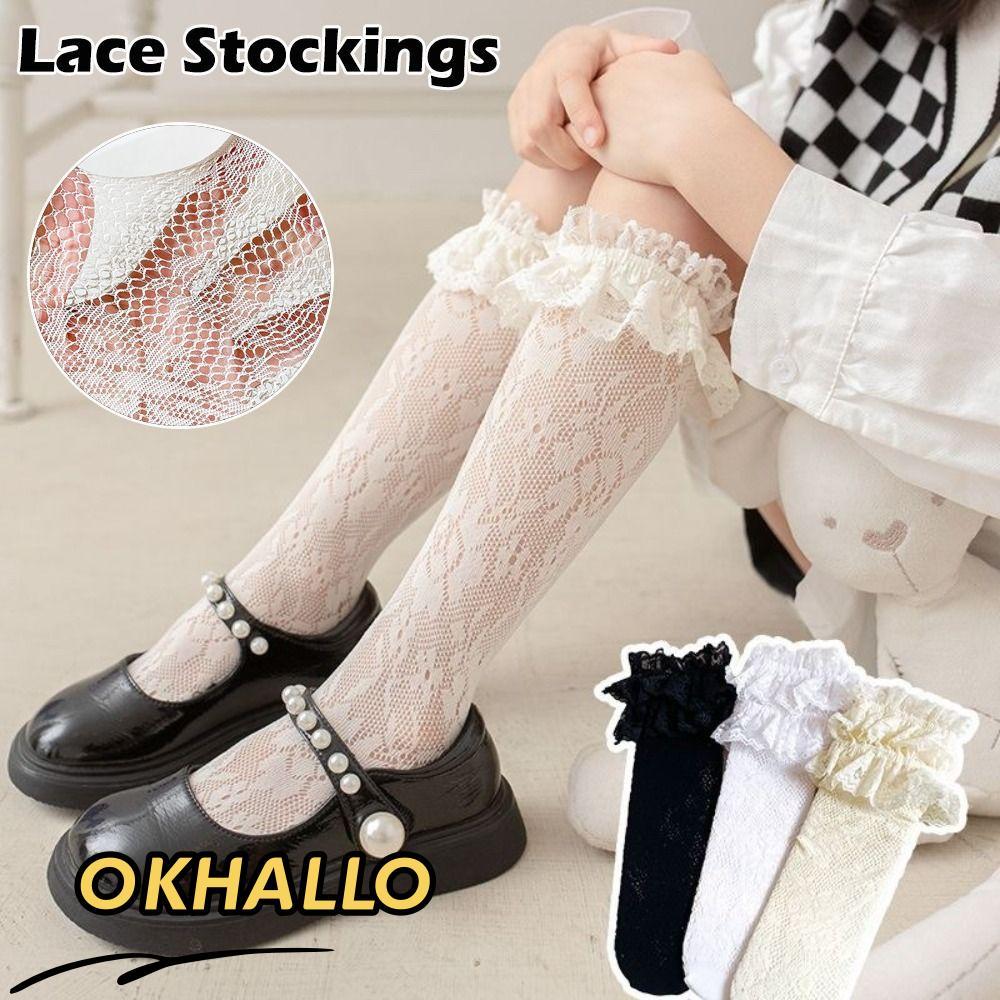 Tất ren OKHALLO, Tất Cotton lưới Spandex Lolita, Tất dài bé gái