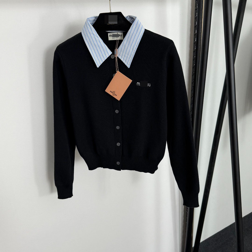 JUQK M-U / Miu-M 2025Autumn and Winter New British Style logo Embroidered Detachable Striped Collar 