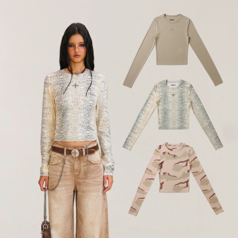 SMFK Cross Seal Slim Fit Top Simple Camouflage Snake Pattern Unique Inner Wear Long Sleeve