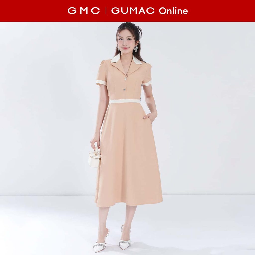 Đầm nữ dáng A cổ danton phối viền trắng thanh lịch sang trọng màu be vải cotton xẹc mềm mát thời tra