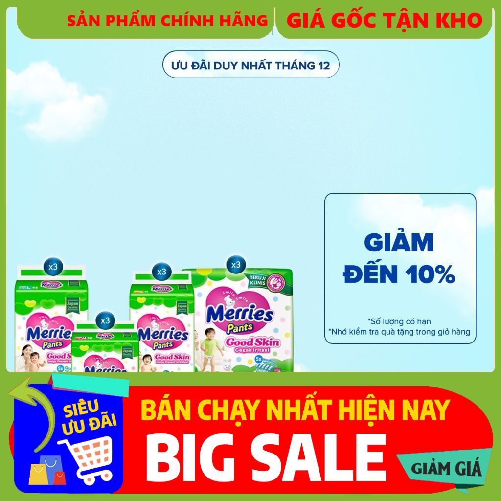 [GIẢM SỐC 70%] Combo 3 Tã quần Merries Goodskin đủ size M50/L44/XL38/XXL28