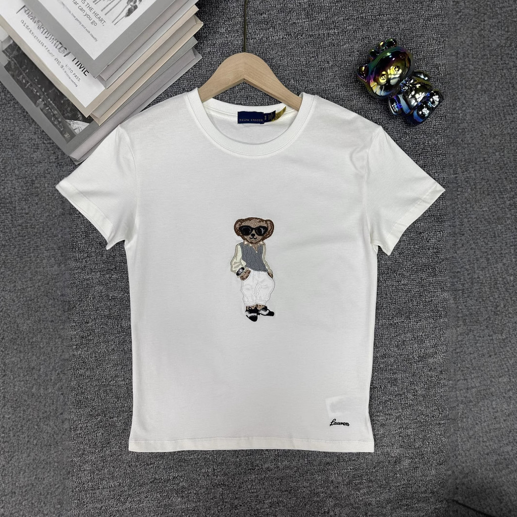 HM0M R1VV 25New style simple solid color bear embroidery round neck short sleeve T Shirt Top