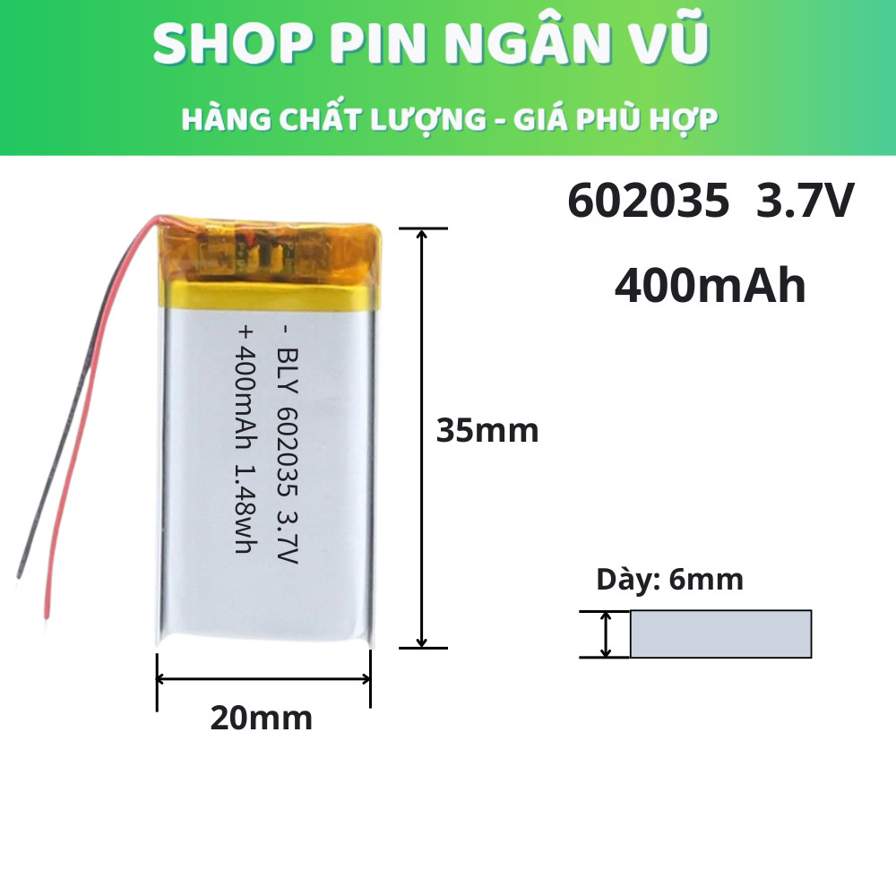 Pin sạc 3.7V 400mah 602035  cho tai nghe, Loa, thiết bị điện tử