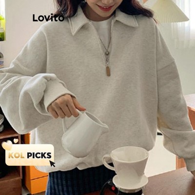 (KOL‘s pick) Lovito Phong cách thường ngày Áo nỉ trơn khóa kéo đơn giản cho nữ L102AD477