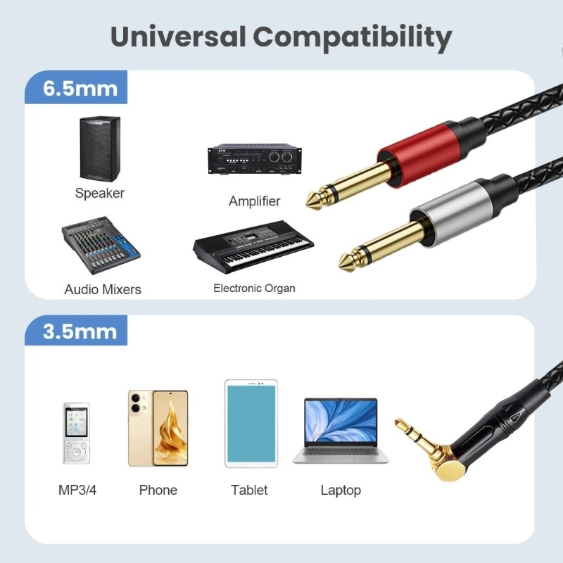 Quu 6 35mm Y Splitter Cable Right Angled 1 8inch Male to Double 1 4inch Amplifier