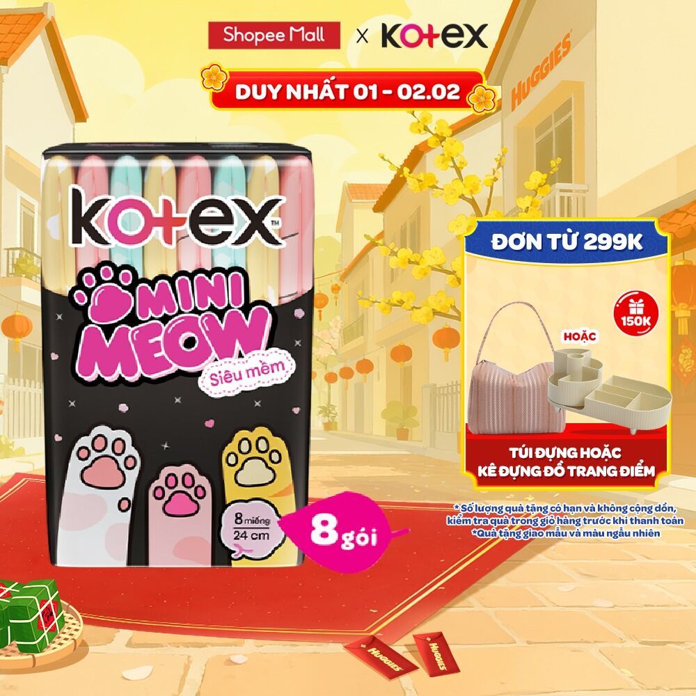 Lốc 8 Băng vệ sinh Kotex MiniMeow Siêu mềm siêu mỏng cánh 8 miếng