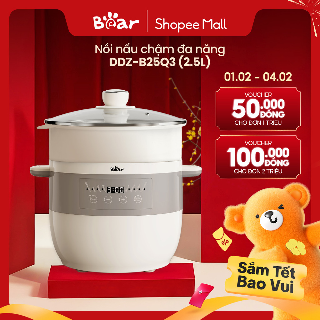 Nồi Nấu Chậm 2.5L Đa Năng Bear DDZ-B25Q3 (KÈM XỬNG HẤP) - Hàng Chính Hãng