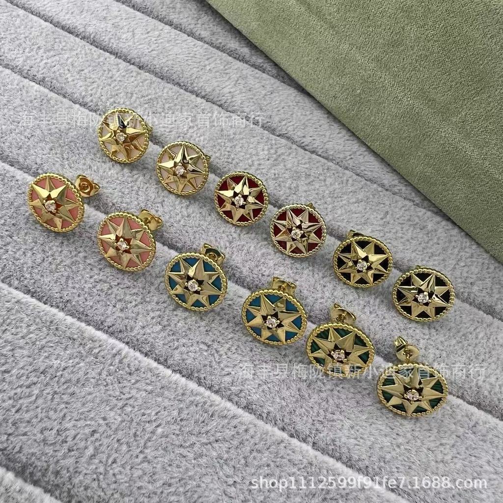 V High-quality gold eight-pointed star compass lapis lazuli earrings Elegant Women's Lucky Star Doub