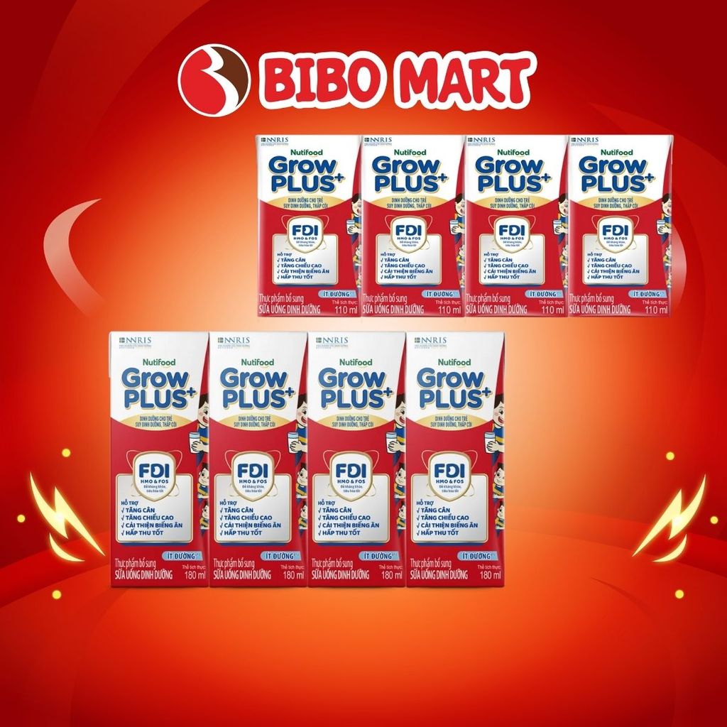 Sữa Bột Pha Sẵn GrowPLUS+ Đỏ Ít Đường Hỗ Trợ Tiêu Hóa Phát Triển Trí Não Lốc 110ml 180ml - Bibomart
