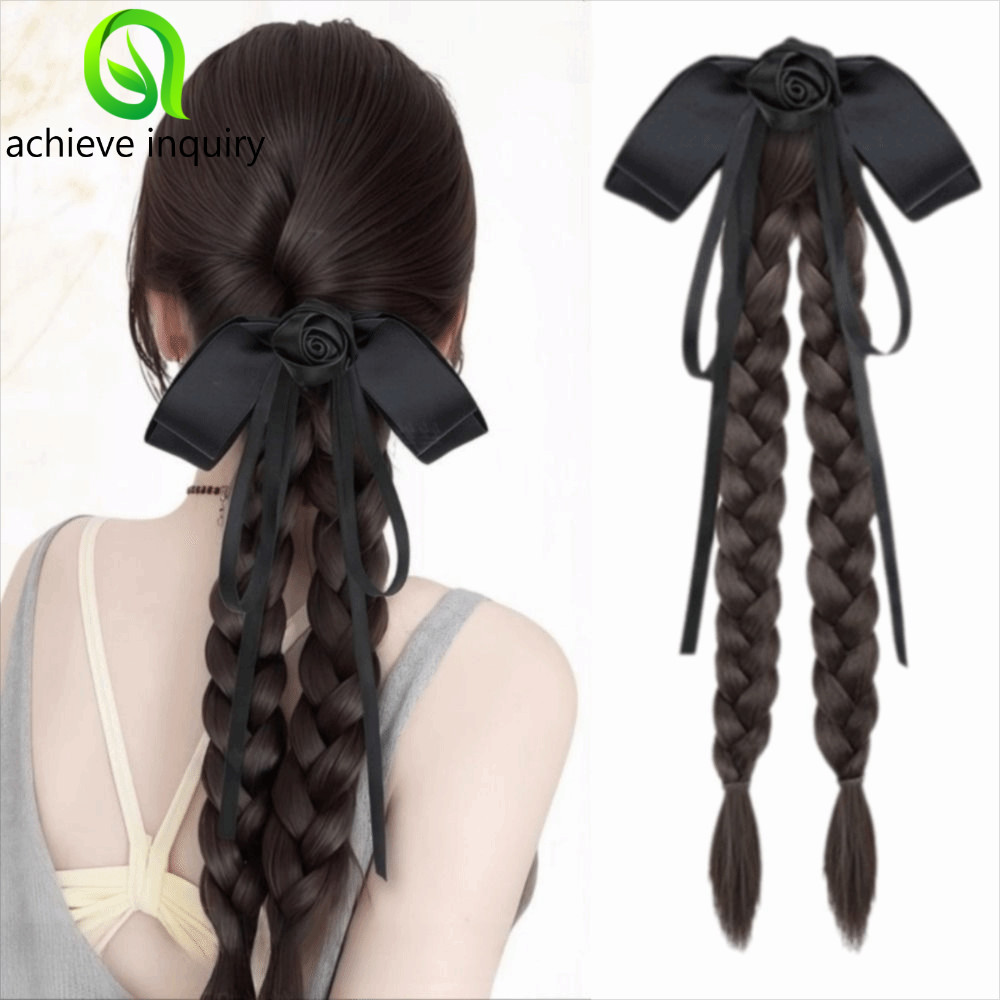 Tóc giả đuôi ngựa Twist Braids Extensions, kẹp móng vuốt tổng hợp, ruy băng nơ đuôi ngựa đôi, dây bu