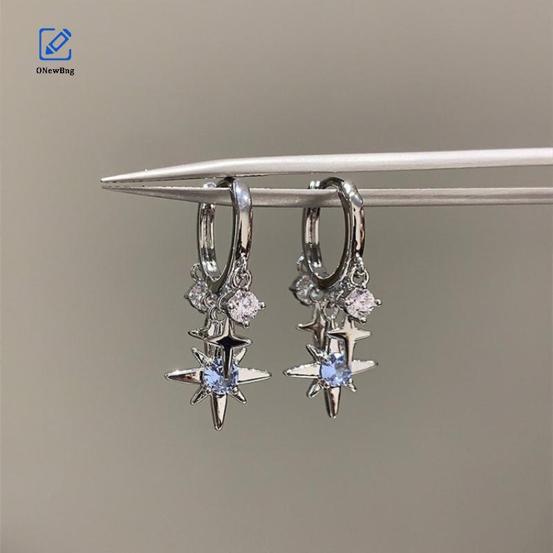 ONew Xanh Zircon Tám Cánh Ngôi Sao Mặt Dây Chuyền Bông Tai Nữ Màu Bạc Ngôi Sao sel Tai Bule Y2K Tran