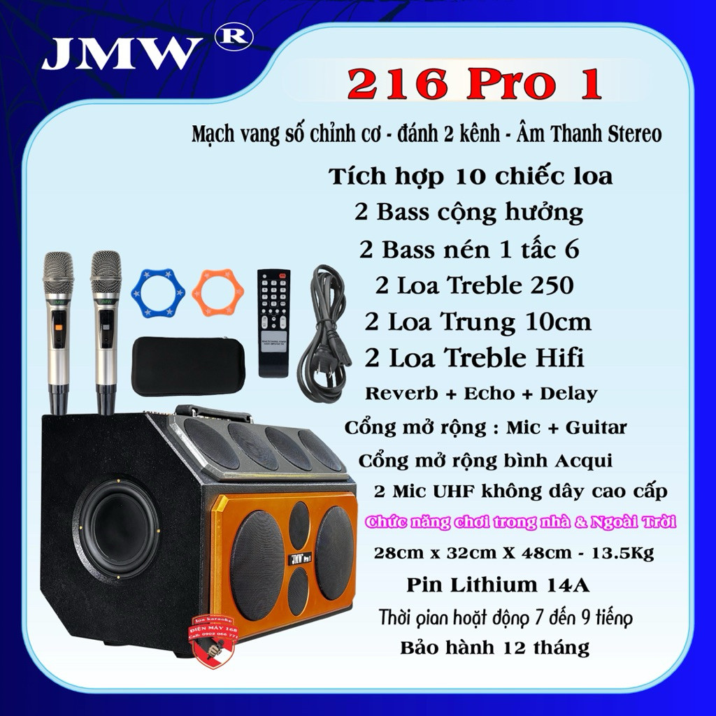 Loa Karaoke Xách Tay Cao Cấp JMW-216 Deluxe New / 216 Pro 1 - Kèm 2 micro không dây - Vinh audio