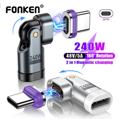 Bộ chuyển đổi từ tính Fonken 16Pin 240W 180° Bộ chuyển đổi sạc nhanh Type-C sang Type-C cho máy tính xách tay điện thoại