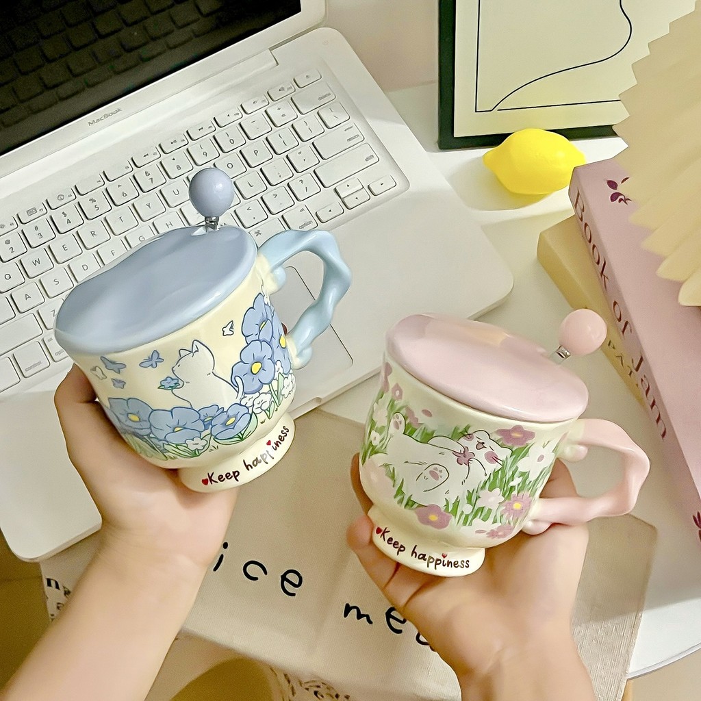 Cat Flower Ceramic Cup with Lid Household Mug Couple's Cup Girl's Birthday Gift Wedding Accompanying