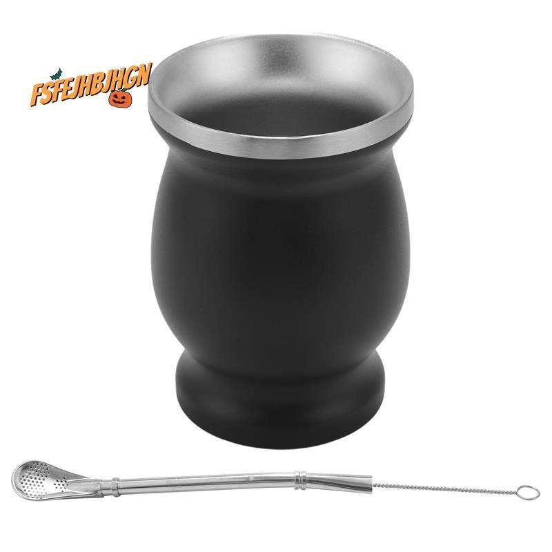 Yerba Mate Gourd Set Cốc trà không gỉ hai lớp và Bombilla 8 Ounce Bombillas Yerba Mate Straw - Đen