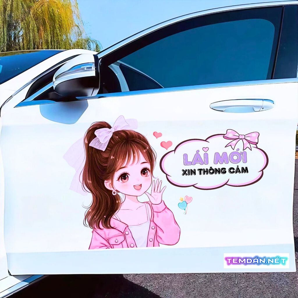 Decal Dán Xe Ô Tô "Lái Mới Xin Thông Cảm" Hình Cô Gái Siêu Dễ Thương Xinh Xắn