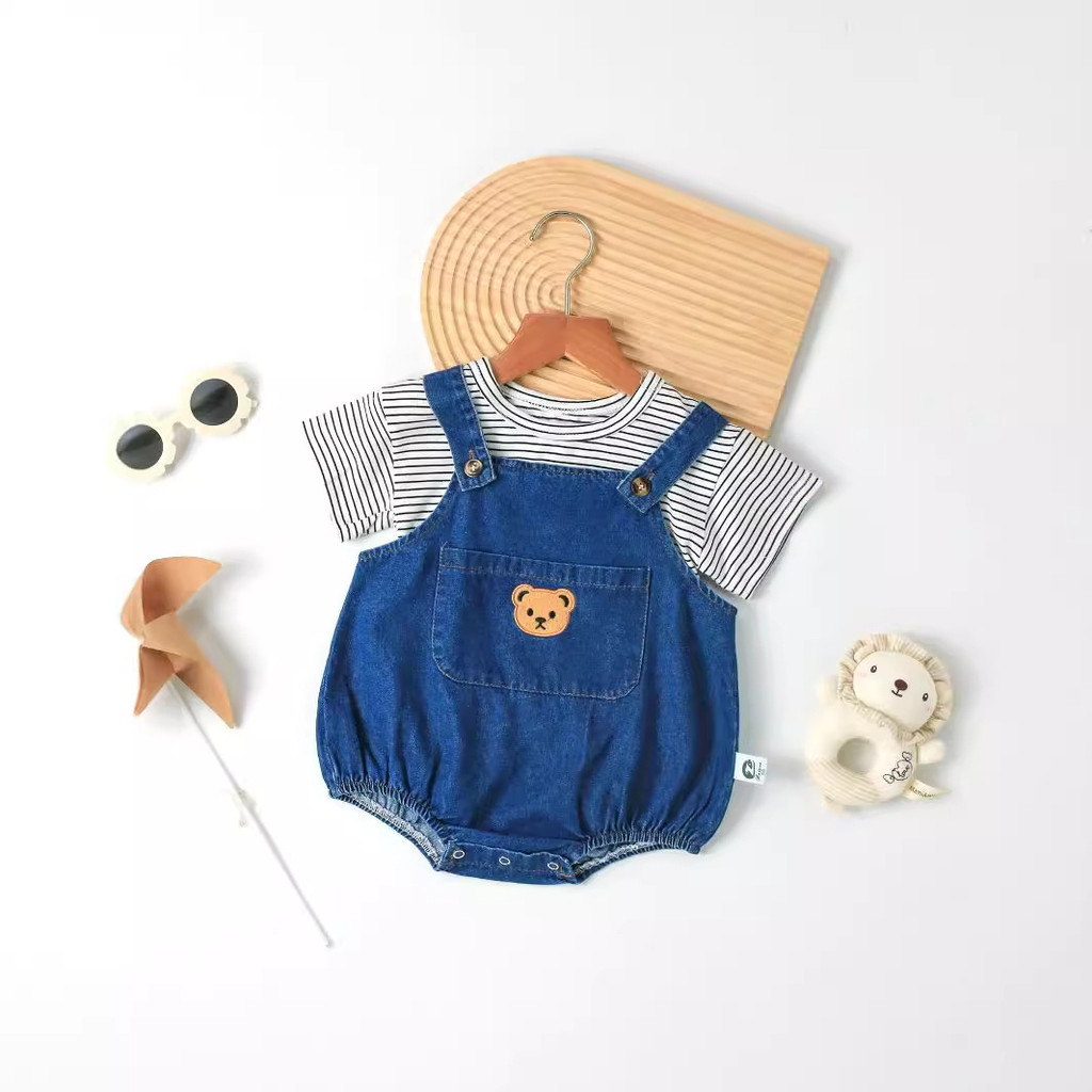 Bộ đồ mùa hè kiểu Hàn Quốc mới cho bé, quần yếm denim hình gấu, bộ hai mảnh quần đùi cho trẻ sơ sinh