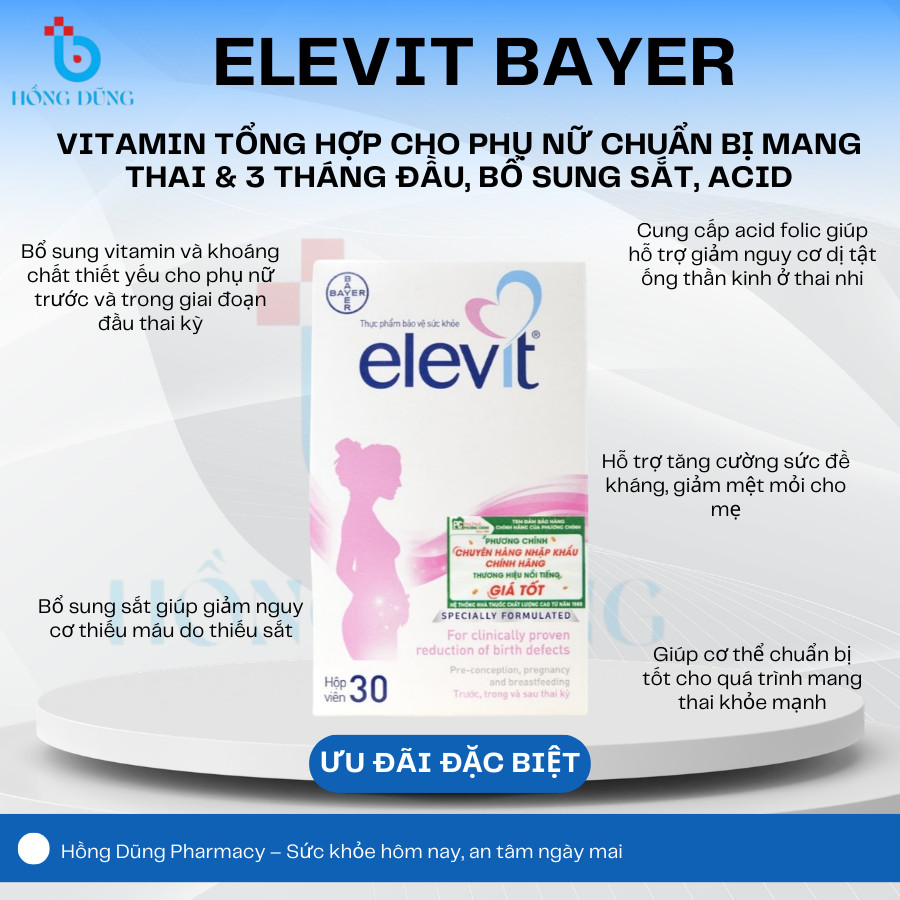 Elevit Bayer 30 Viên – Vitamin Tổng Hợp Cho Phụ Nữ Chuẩn Bị Mang Thai & 3 Tháng Đầu, Bổ Sung Sắt, Ac