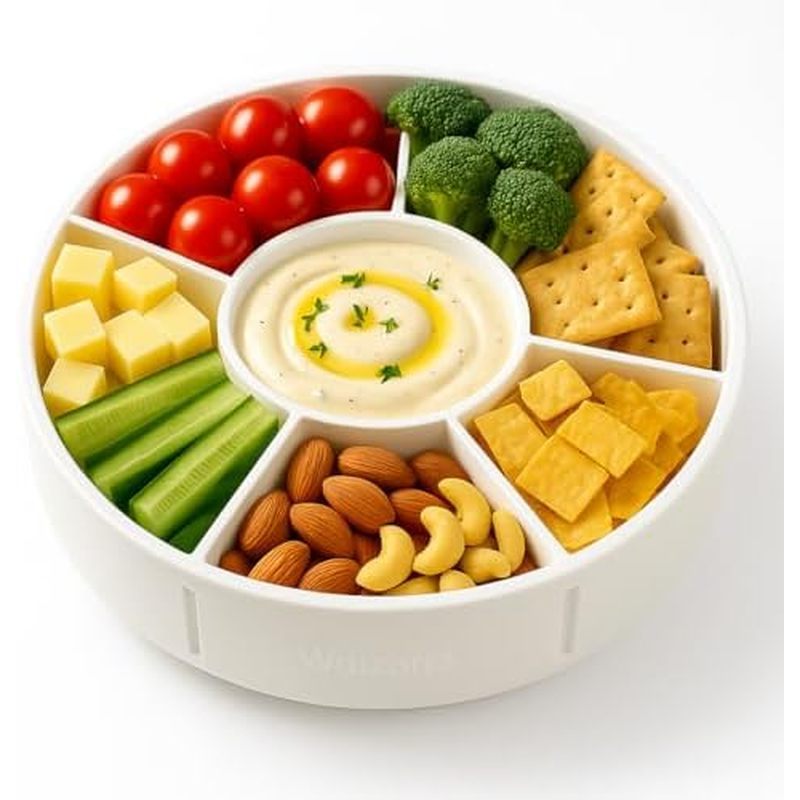 Hộp đựng đồ ăn nhẹ chia có nắp, Hộp đựng đồ ăn nhẹ tròn 6 ngăn có tay cầm, Khay đựng đồ ăn nhẹ di độ