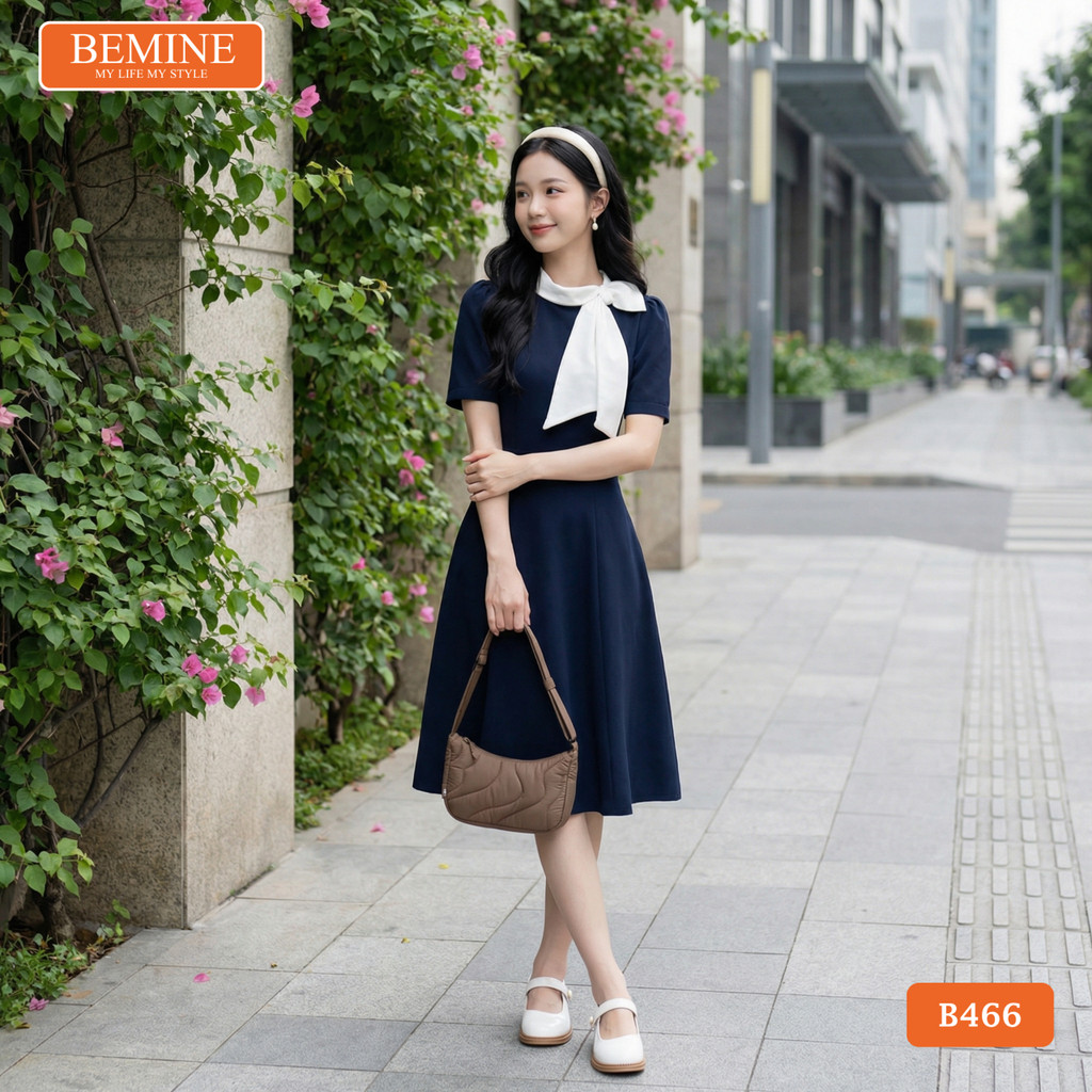 Đầm thiết kế BEMINE cổ tròn nơ lệch dáng chữ A phù hợp đi làm-B466