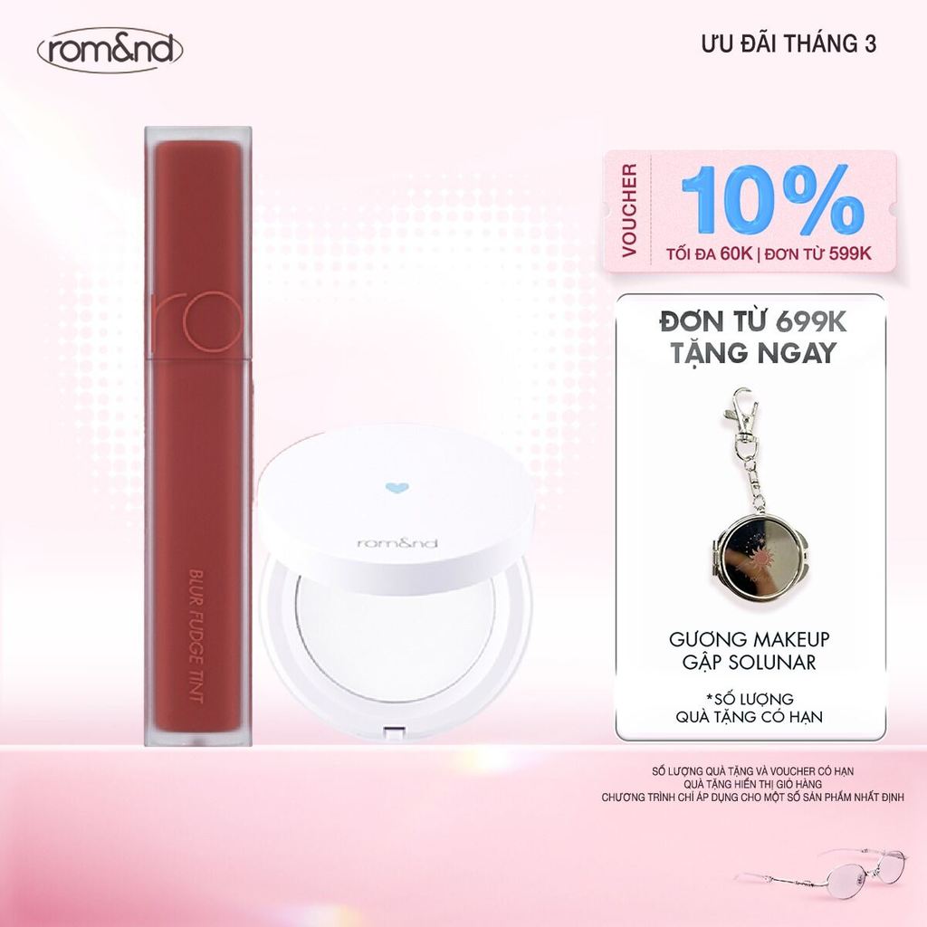 Combo Phấn phủ dạng nén Romand Better Than Finish 12g + Son kem siêu lì Romand Blur Fudge Tint 5g