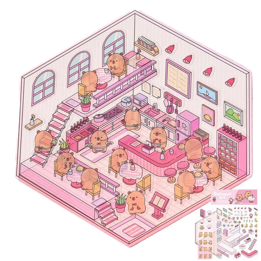 Scene Stickers Capybara 3D Miniature Scene Stickers Cartoon Books Decoration Funny Decals Reusable D