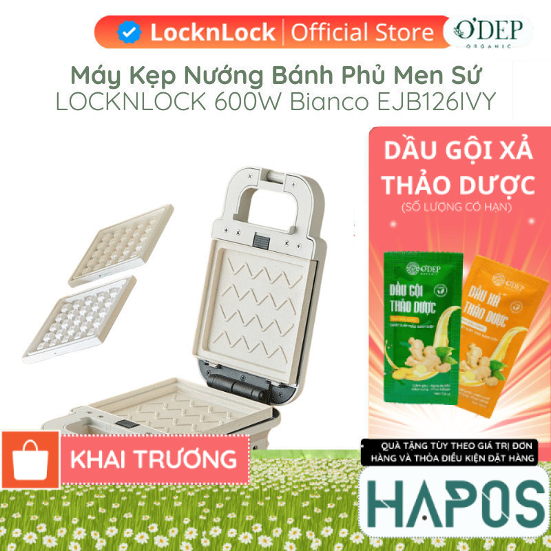 Máy kẹp nướng bánh LocknLock 600W, Hàng chính hãng, phủ men sứ Bianco Sandwich Maker Màu ngà EJB126I