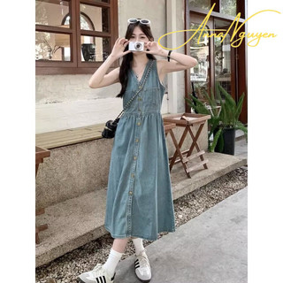 Hàng Sẵn-Váy Liền Hai Dây Bò Cổ Chữ V Cổ Điển, Váy Ba Lỗ Không Tay Tôn Dáng Gầy Chít Eo Mùa Hè