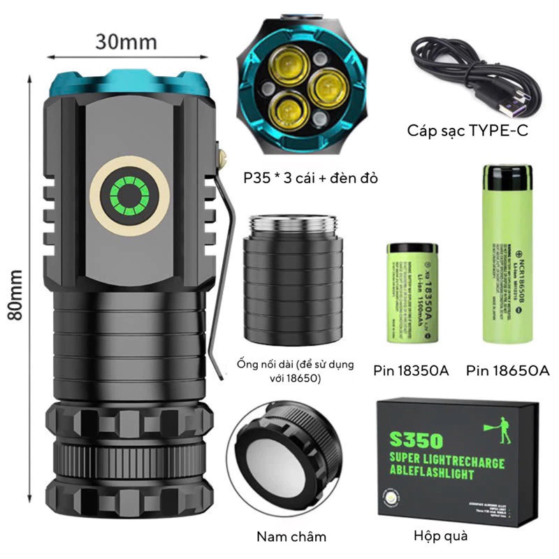 Đèn pin mini cầm tay siêu nhỏ siêu sáng tỏa S350X vỏ nhôm, chống nước IPX7, có móc gài, nam châm tiệ