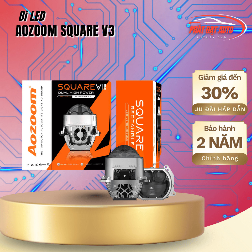 Bi Led Ô Tô Aozoom Square V3, công suất lớn siêu sáng, Chip LED 9+3, bảo hành 3 năm Chính Hãng