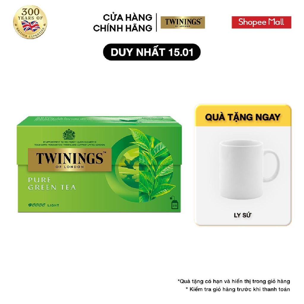 Trà xanh túi lọc Twinings Of London Pure Green Tea - Hộp 25 Gói 2G