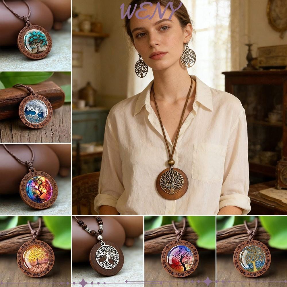 Vòng cổ mặt dây chuyền bằng gỗ và da, style boho vintage dành cho nam