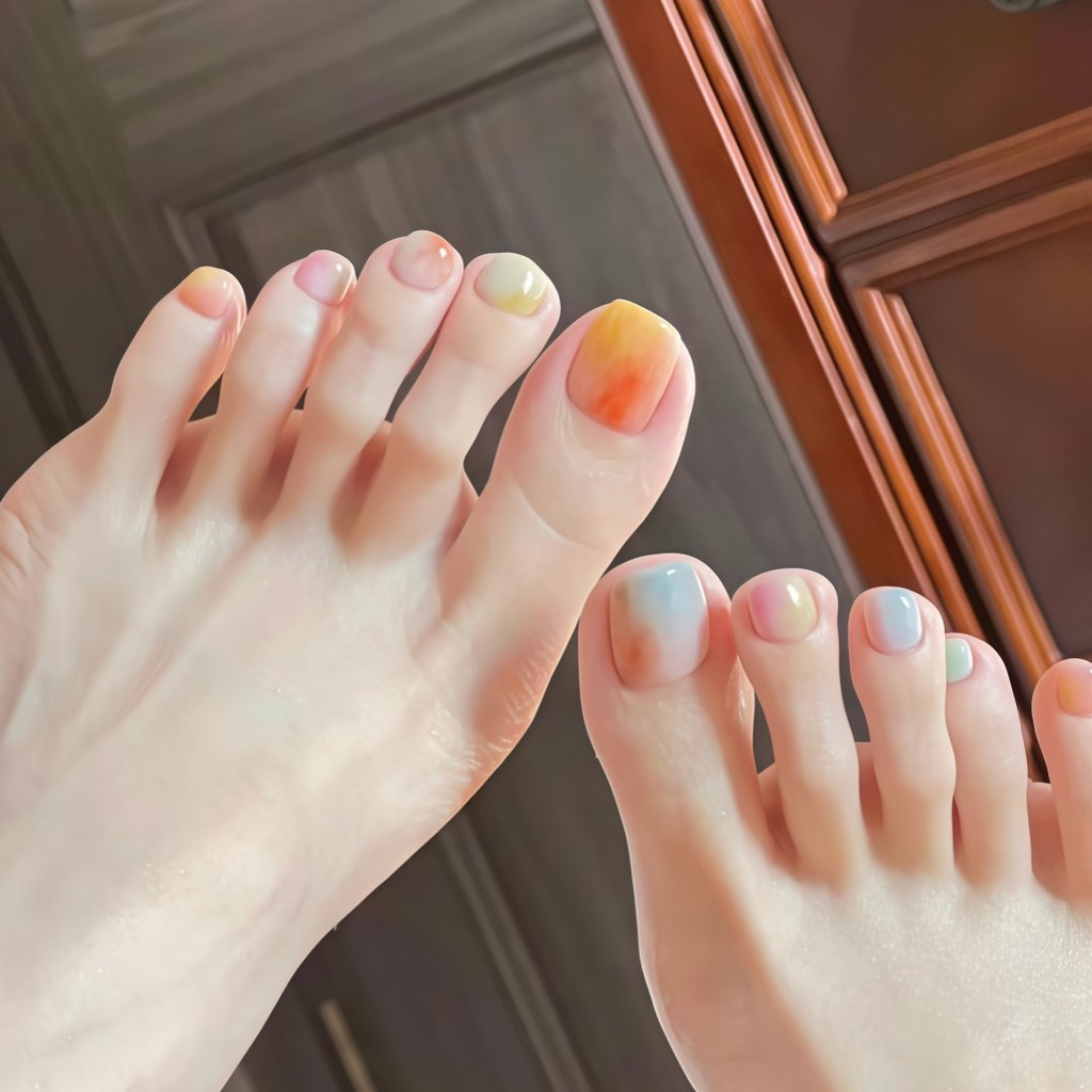 J136-Rainbow Smudge Pre-Made Nail Thành phẩm Tính khí nhẹ nhàng Làm trắng da Phong cách giả Miếng dá