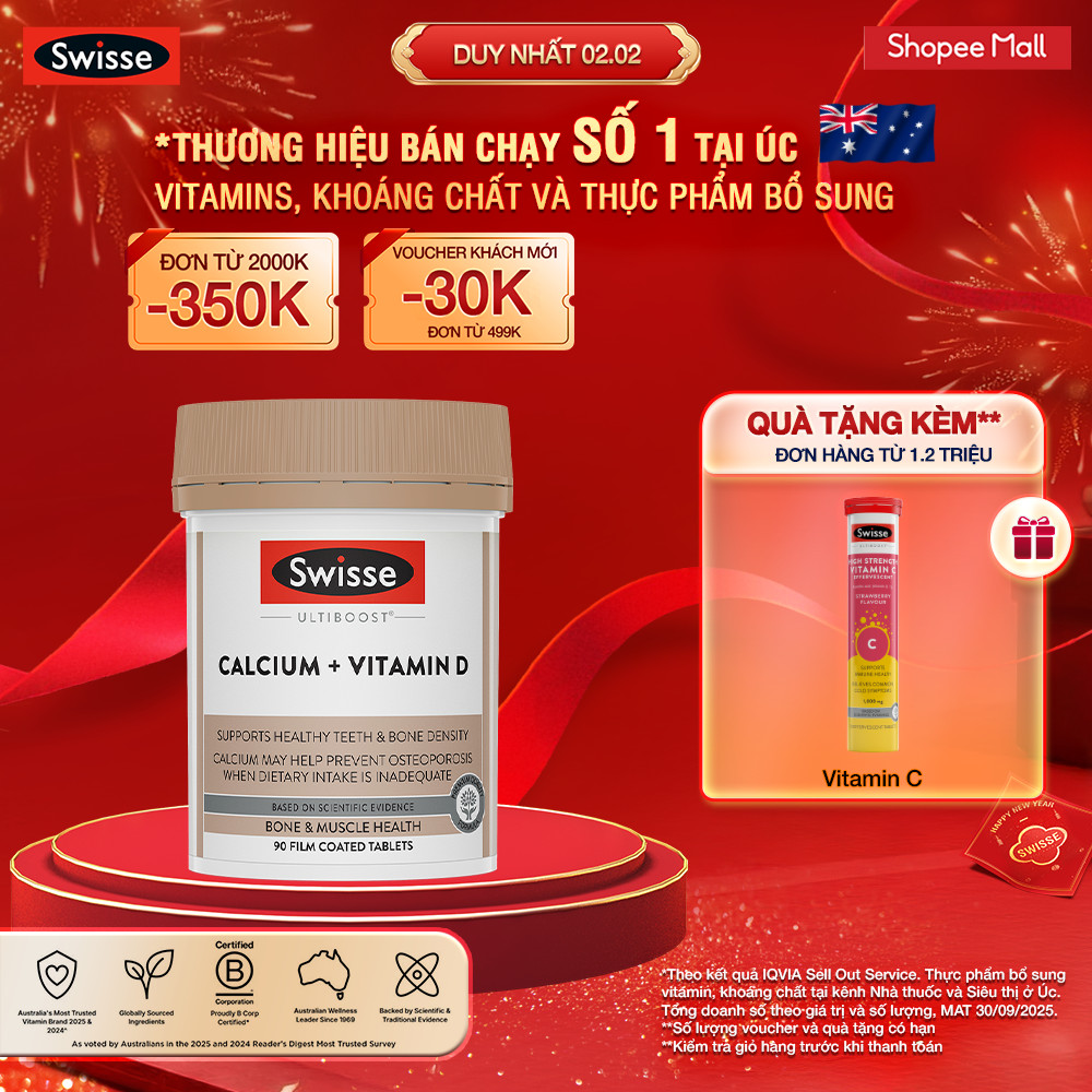 Viên uống hỗ trợ giúp duy trì mật độ xương Swisse Ultiboost Calcium + Vitamin D3 (90 viên)