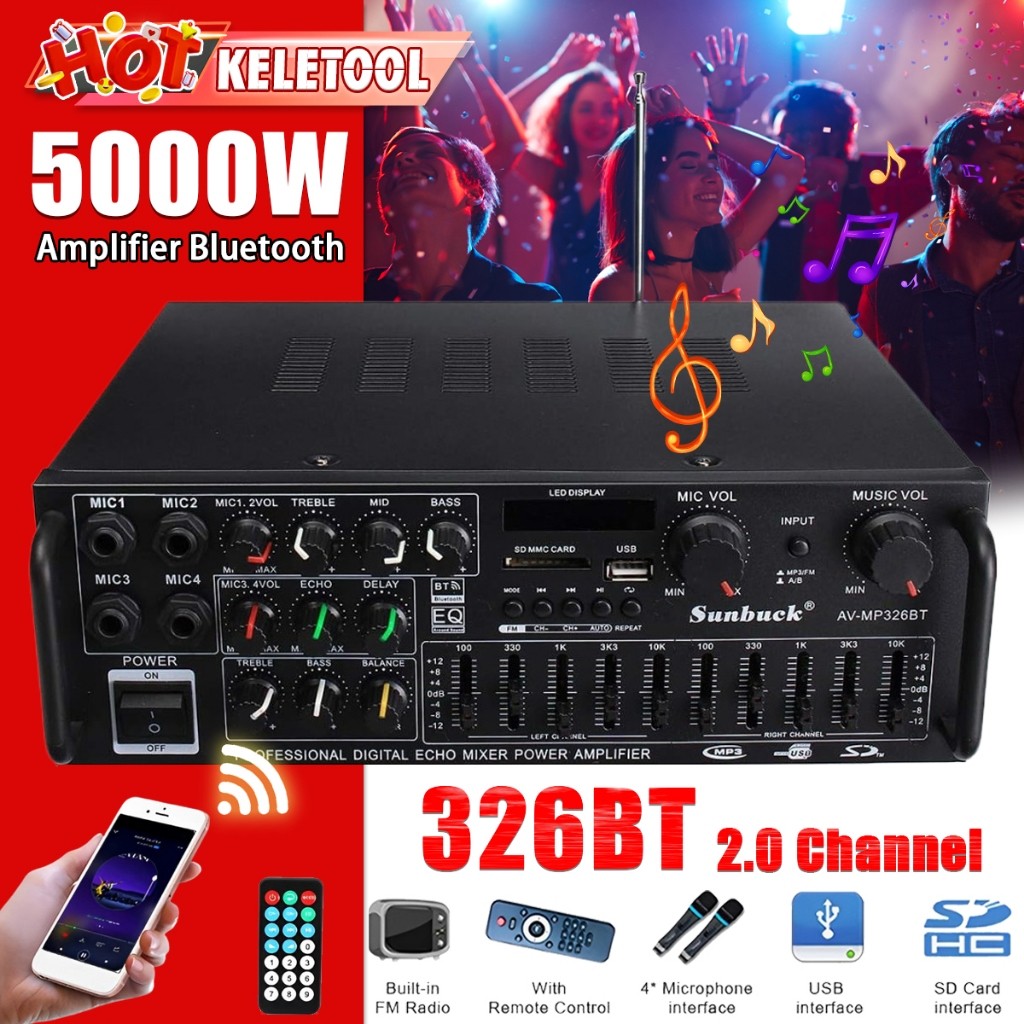 Ampli 326BT 5000w phiên bản Bluetooth âm thanh nổi 2 kênh Hifi Stereo công suất cao dành cho ô tô