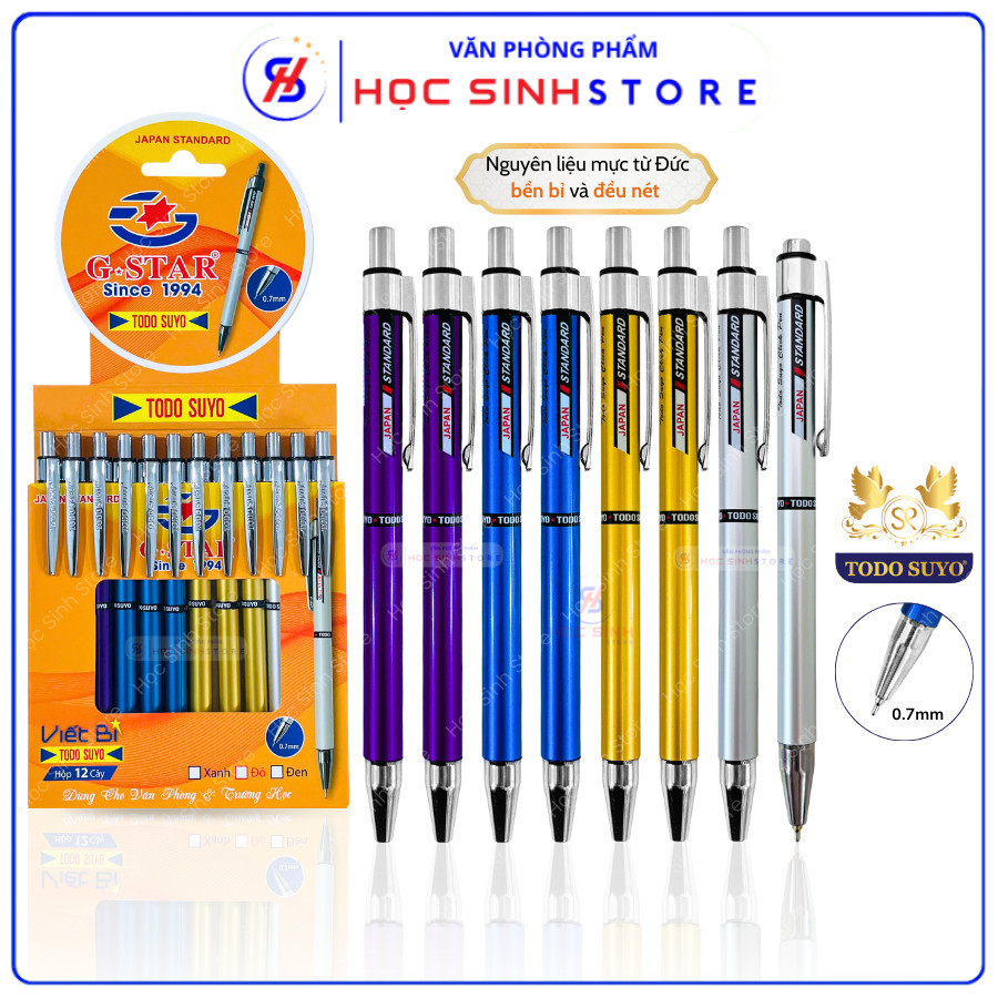 Combo 6/12 Cây Bút Bi Bấm Todo Suyo Ngòi Bi 0.7mm Thụy Sĩ, Mực Xanh Của Đức, Mực Đều, Viết Êm