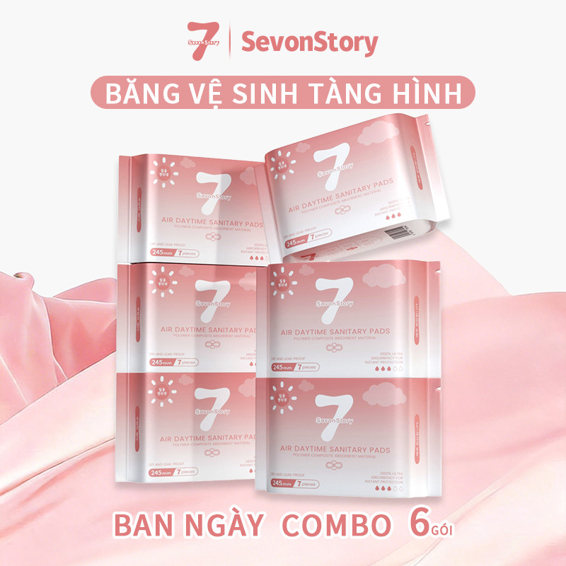 【SevonStory ⑦】Combo 6 gói ban ngày Băng vệ sinh  245mm (7 miếng/gói), tích hợp chip bạc hà mát lạnh dễ chịu. Hương hoa tinh tế, thơm nhẹ và lưu hương lâu . Chất liệu mềm mại, thấm hút nhanh sau 3 giây. Băng vệ sinh tàng hình.