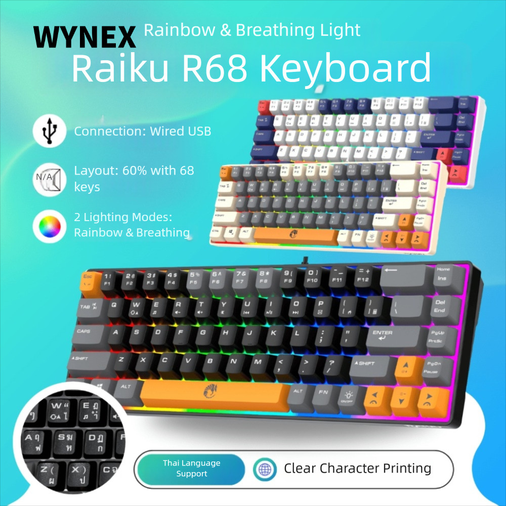 Bàn phím WYNEX RAIKU K68, Bàn phím chơi Game 68 phím Thái Lan, Công tắc xanh phát sáng Đèn nền có dâ
