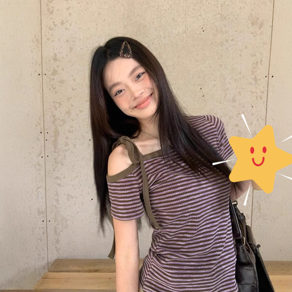 Purple striped off-shoulder short-sleeve T-shirt for women, slim-fit Korean style off-shoulder top